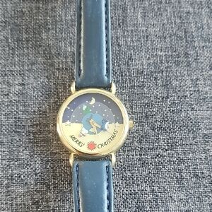 Christmas Leather Watch Blue Vintage Acessories Snowman Moveable Women Men